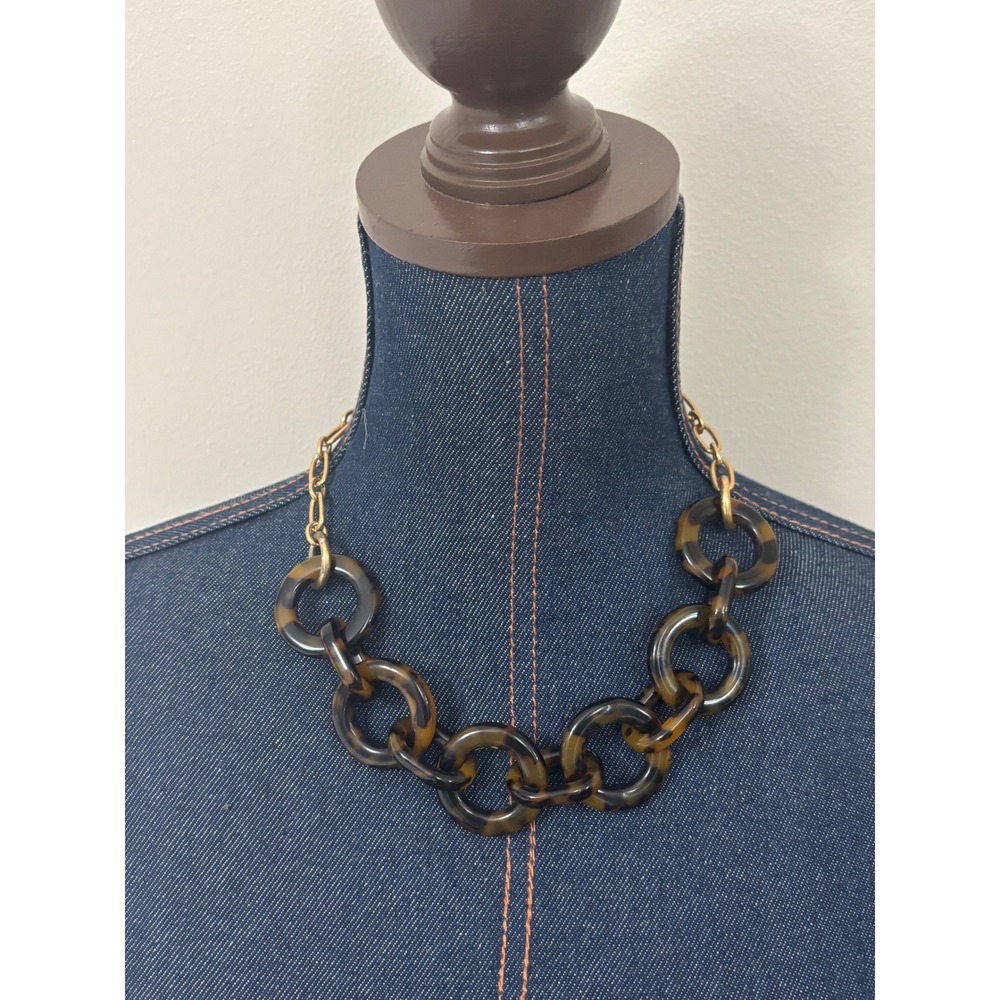 J.Crew Tortoiseshell Resin Chunky Link Necklace Gold Tone Chain 17.5 Inch